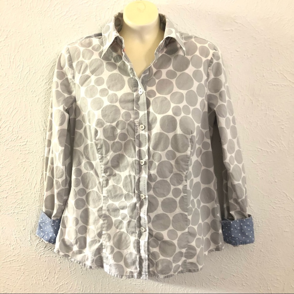 Boden White Grey Polka Dot Cotton Button Up Flip Cuff Collar Shirt UK 10 US 6
